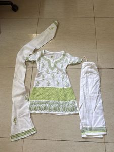 White &amp; Green Embroidered Kurta Set with Dupatta