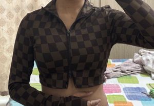 Brown Checkerboard Zip-Up Crop Top