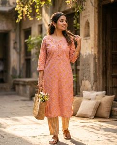 XL - Pink Block Print Kurta with Striped Pants