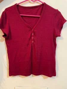 Maroon Henley V-Neck Top