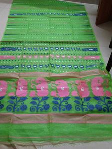 Green &amp; Pink Floral Print Saree
