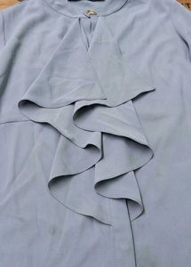 Chic Ruffle Front Blue Blouse