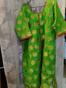 Vibrant Green Kurta with Gold Polka Dots
