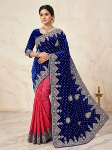 Blue &amp; Pink Velvet Saree