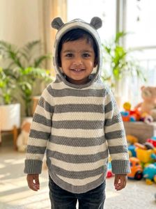 Cute Baby Striped Knitted Hoodie Sweater with Bear