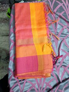 Vibrant Pink &amp; Orange Checkered Saree