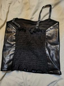 Black Faux Leather &amp; Lace Crop Top