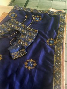Royal Blue Embroidered Saree with Blouse