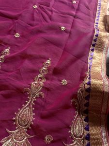 Fuchsia Gold Embroidered Chiffon Fabric Sarees