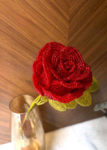 Beaded Red Rose with Leaves