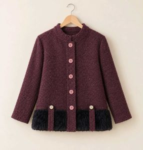 Chic Maroon Textured Jacket with Faux Fur Trim