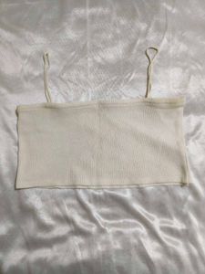 Cream Ribbed Spaghetti Strap crop top