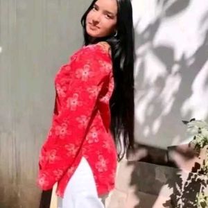 Red Floral Print Kurta Top