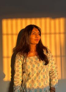 White Kurta with Blue &amp; Grey Print