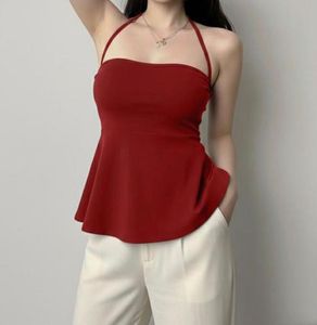 Brown and Red Halter Neck Peplum Top