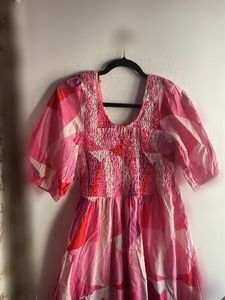 Boho Pink Floral Smocked Maxi Dress