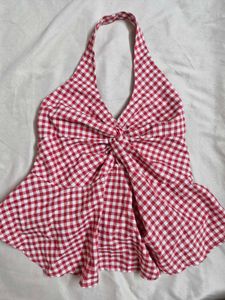 Red Gingham Halter Neck Peplum Top