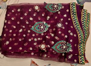 Embroidered Purple Net Saree