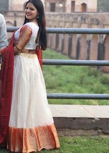 Elegant Cream Lehenga Set with Red Dupatta
