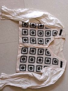 Crochet Knit Vest with White Puff Sleeve Top