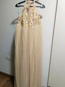 Elegant Beige Sequin Halter Gown
