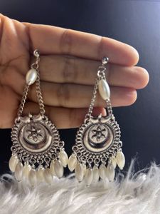 Boho Silver Dangle Earrings with Pearls
