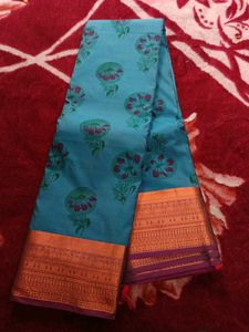 Beautiful Blue Saree with Floral Print