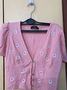 Pink Daisy Embroidered Button-Up Top