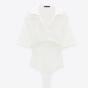 Zara White Linen-Blend Cutout Button-Up Bodysuit