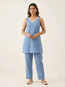 Blue Printed Kurta Set with Lace Trim