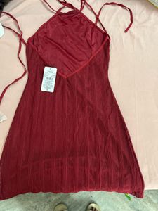 Burgundy Mesh Halter Dress