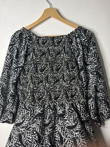 Monochrome Leaf Print Midi Dress