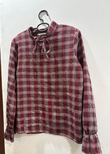 Korean Style Maroon Checkered Tie-Neck