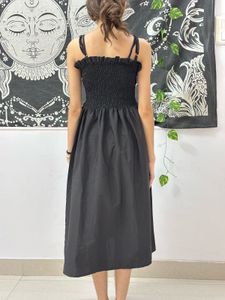 Black Smocked Button-Up Midi Dress