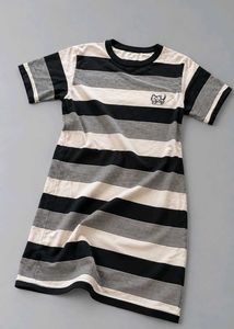 BLACK AND CREAM STRIPED T-SHIRT DRESS