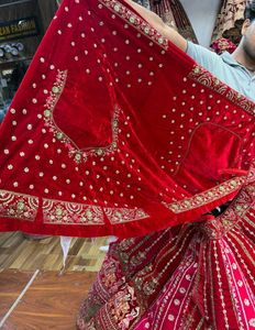 Red Embroidered Velvet Lehenga Choli
