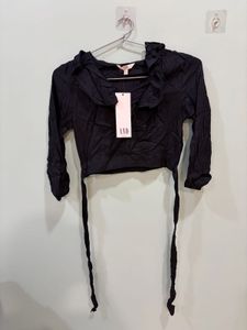 Black Ruffled Cropped Tie-Top