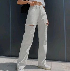 White Cut-Out Wide Leg Jeans