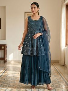 Elegant Teal Embellished Kurta Set with Sharara