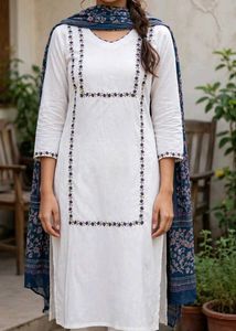 Elegant White Kurta Set with Purple Embroidery