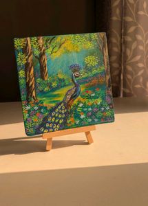 Mini peacock Landscape painting with wooden stand