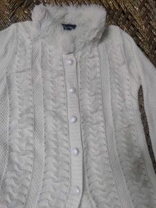 White Cable Knit Cardigan with Fur Collar