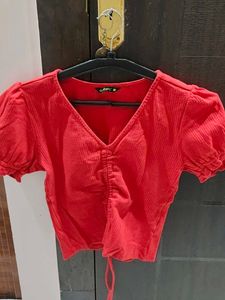 Chic Red Ruched V-Neck Crop Top