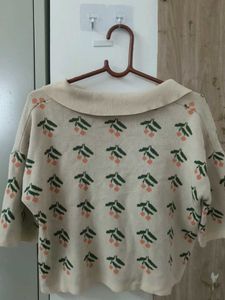 Cute Cherry Print Collared Sweater Top