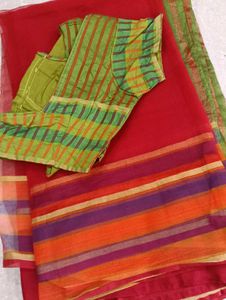 Vibrant Red Saree with Striped Blouse