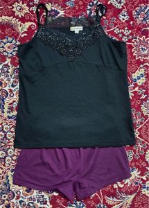 Comfortable Black Lace Camisole & Purple Shorts Se