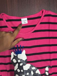 Pink &amp; Black Striped Top with Cat Print