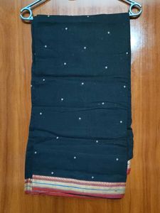 Elegant Black Saree with White motifs