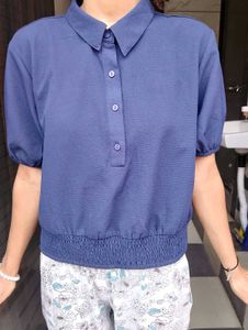 Stylish Blue Collared Short Sleeve Top
