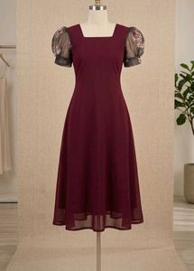 Burgundy Mesh Puff Sleeve Dress